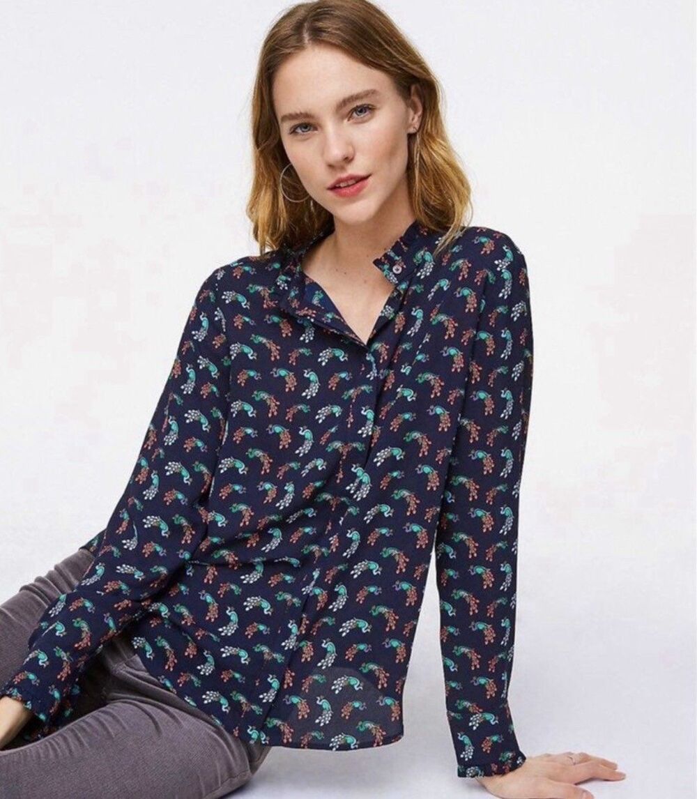LOFT Blouse Women’s XL Navy Peacock Print Ruffle Neck Long Sleeve Bird Top